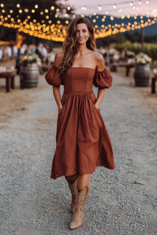 A woman in a full-body shot, wearing a burnt sienna off-the-shoulder midi dress with puff sleeves, a corset bodice, and a flared hem