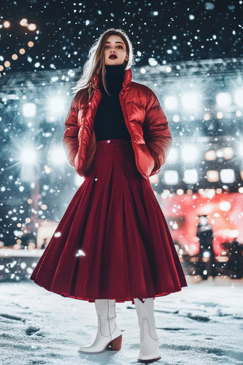 A woman in white cowboy boots and a wool-blend midi skirt in a deep burgundy color, paired with a fitted black turtleneck and a puffer jacket