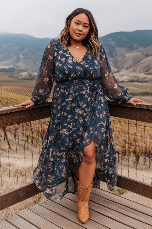 A curvy woman wearing a navy floral chiffon maxi dress with sheer long sleeves and a high-low hem, styled with snip-toe tan cowboy boots (2)
