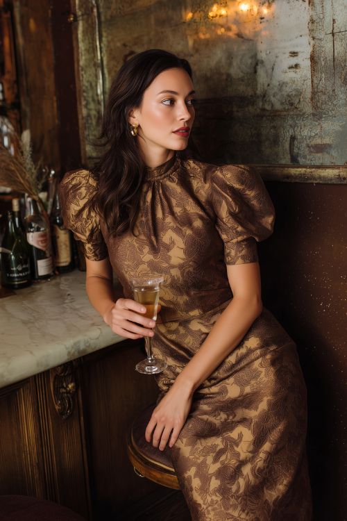 A woman wears a bronze jacquard midi dress with a subtle damask pattern, mock neck, and structured puff shoulders