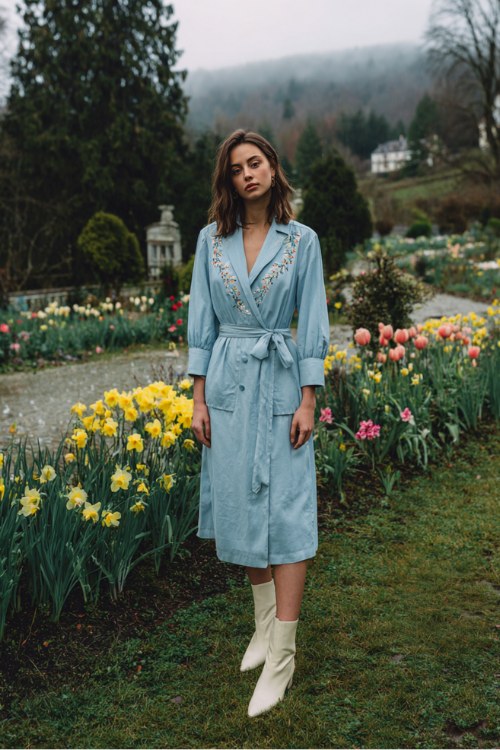 A woman wears a pastel blue long-sleeve wrap midi dress with floral embroidery, paired with cream ankle boots and a cropped trench coat