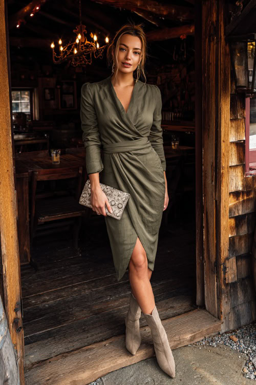A woman in a chic wrap dress in olive green with ankle boots, carrying a small clutch, standing in front of a rustic fall pub, full body outfit visible