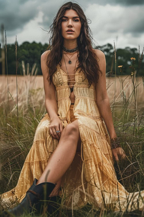 A woman wears cowboy boots with a long dress in warm tone