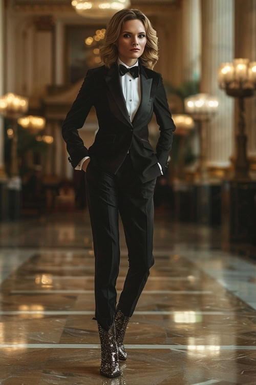 a woman wears sparkly cowboy boots with a black suit