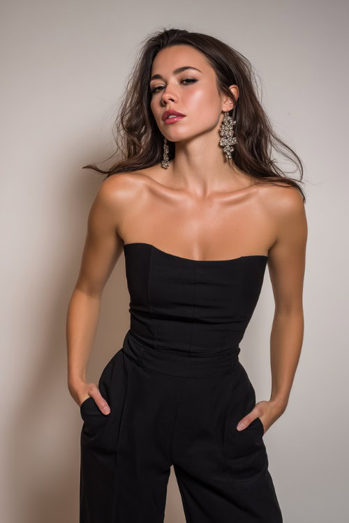 A woman in a strapless black jumpsuit with flared legs and statement earrings, styled for a chic nightclub night, simple studio background