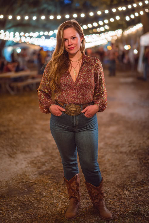 A plus size woman wears high-rise straight-leg jeans with a glittery blouse tucked in, styled with a western belt and cowboy boots, standing under glowing country lights at a fall concert