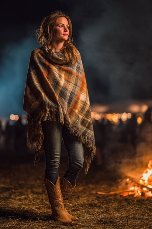 A woman wears a plaid poncho draped over a fitted sweater and skinny jeans, styled with suede cowboy boots, standing by a bonfire at a chilly country night concert
