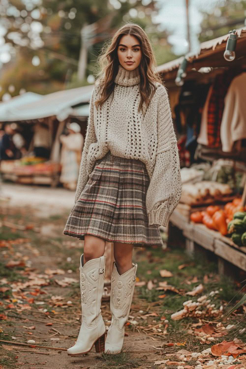 A woman wears cream cowboy boots with a plaid skirt and a chunky sweater