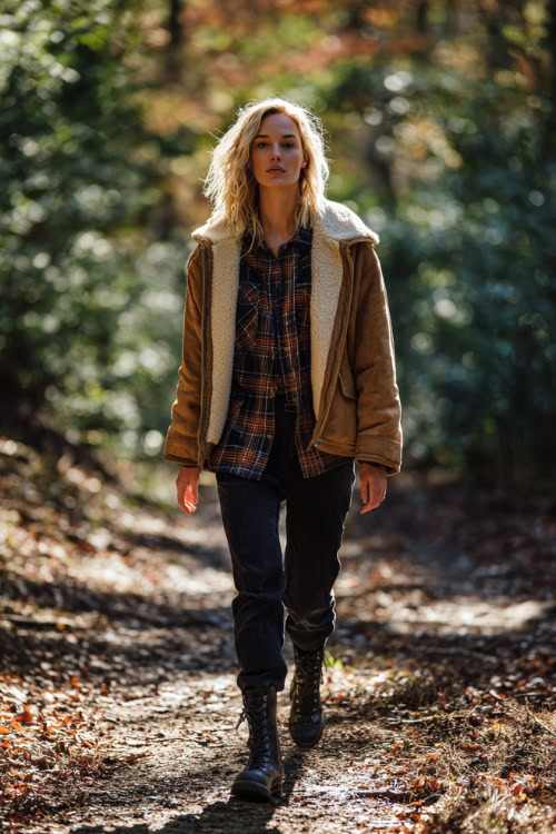 Woman wearing a shearling jacket, plaid shirt, black jeans, and combat boots, walking in a forest path with sunlight filtering through fall trees