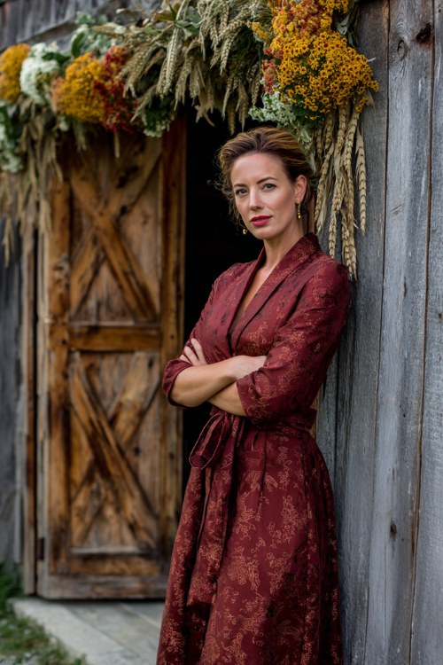 a woman over 50 in a burgundy brocade A-line dress with three-quarter sleeves