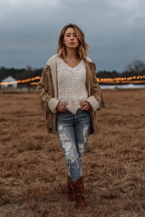 A woman wears a chunky knit sweater tucked into distressed jeans, styled with a fringe suede jacket and western boots, standing in a cold fall field under string lights