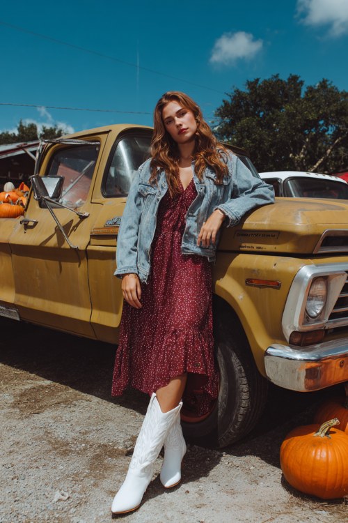 A woman wears tall white cowboy boots with a burgundy flowy midi dress and denim jacket