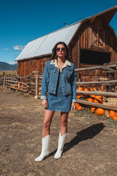 A woman in a denim mini dress paired with a shearling-lined suede jacket and sleek white cowboy boots, standing near a rustic barn decorated with pumpkins