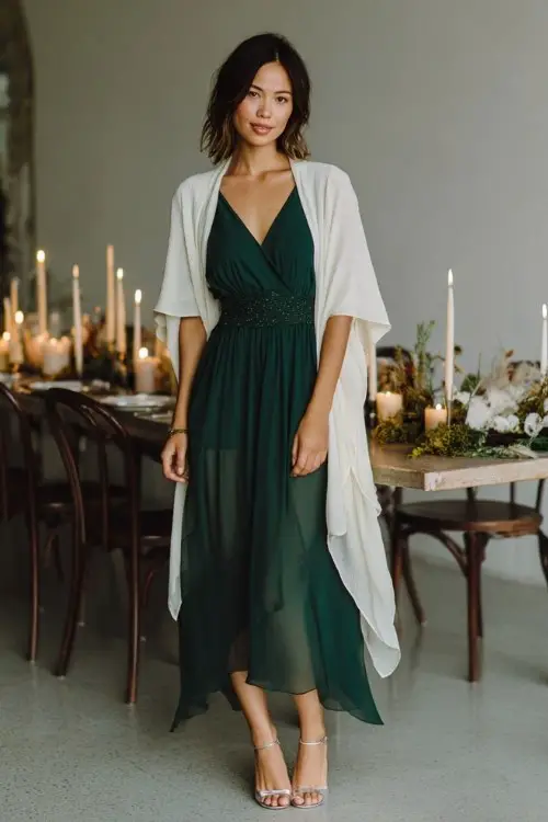 A woman wears a forest green dress with a chiffon overlay and beaded waist detail, topped with a soft ivory shawl and metallic heels