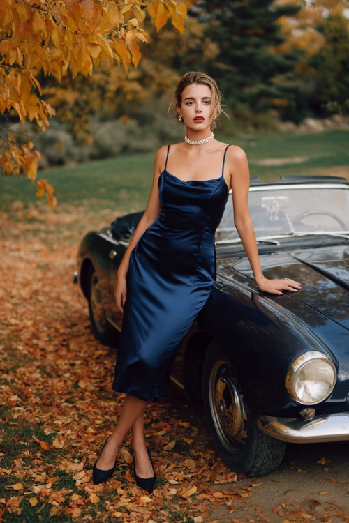 A woman wears a navy blue satin midi dress with spaghetti straps and a slight A-line cut, styled with classic black pumps