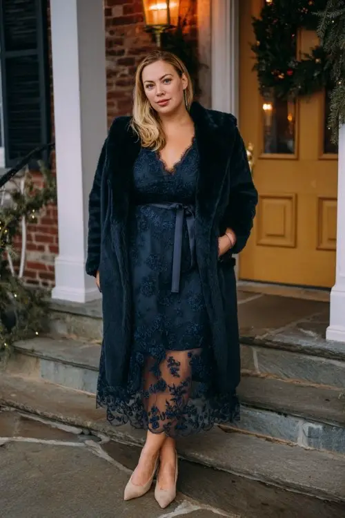 A plus-size woman wears an embroidered navy tulle dress with long sleeves and a velvet waist tie, topped with a faux shearling coat and pointed flats
