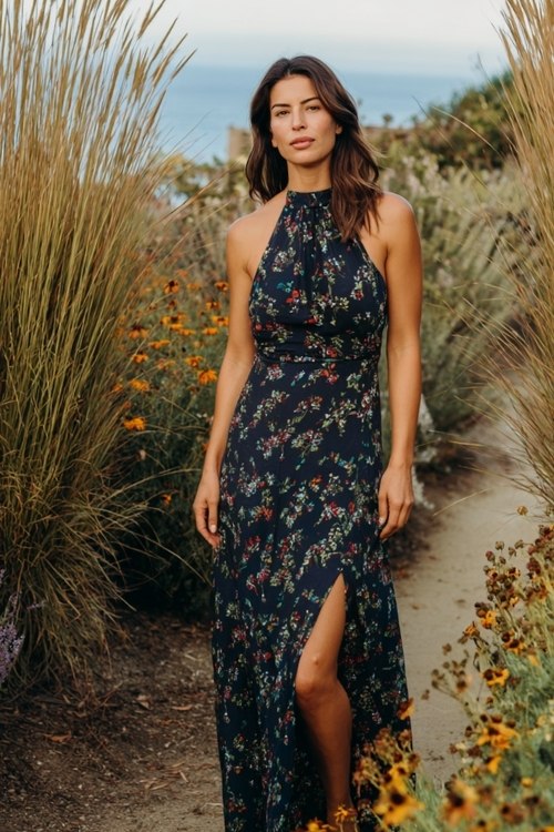 a woman in a navy floral print maxi dress with halter neckline and slit (2)