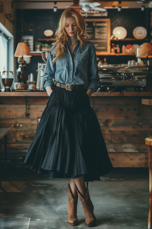 A woman wears brown cowboy boots, a long black skirt and a denim top