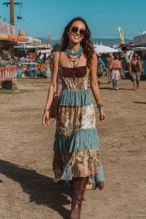 A woman wears a boho patchwork maxi dress with ruffled tiers, paired with tall distressed cowboy boots and turquoise jewelry