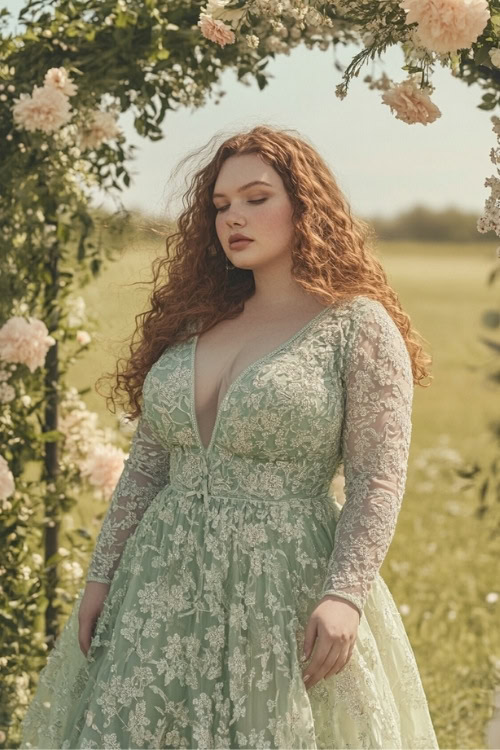 a plus size woman wears a green lace wedding guest dress with long sleeves