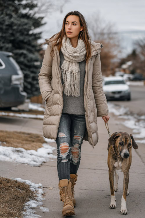 Fashionable woman in a neutral puffer coat, scarf, ripped jeans, and chunky boots, walking her dog in a cold suburban neighborhood