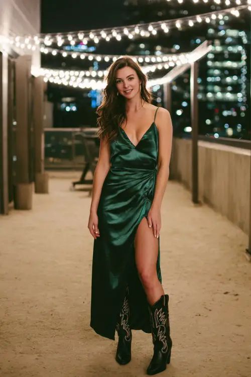 A woman wears a deep-green satin evening gown with a thigh-high slit and black embroidered cowboy boots