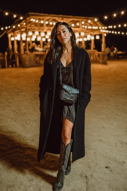 A woman wears a floor-length wool coat layered over a satin slip dress, styled with tall cowboy boots and a leather crossbody bag