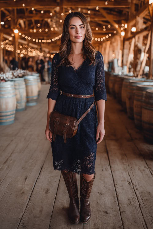 A woman wears a navy blue lace midi dress with three-quarter sleeves, styled with brown Western boots and a leather crossbody bag
