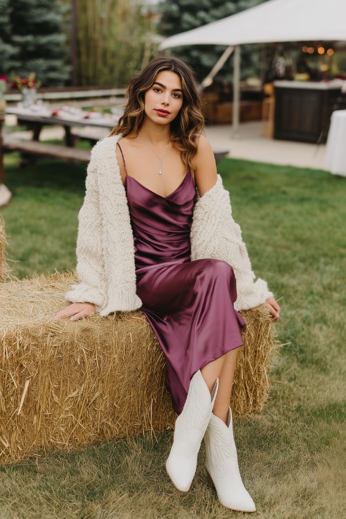 a woman in a plum-colored slip dress layered under a chunky knit cardigan, paired with white cowboy boots