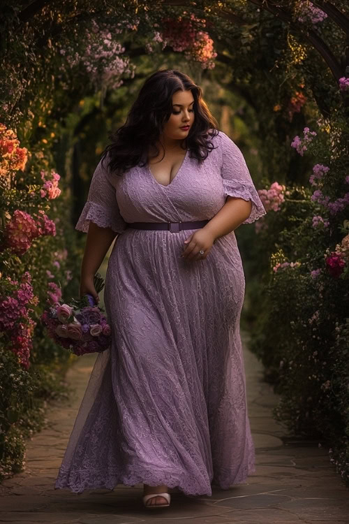 A plus size woman wears a long lavender lace wedding guest dress with short sleeves