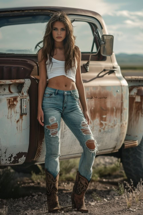 a woman wears ripped jeans tucked in brown cowboy boots with a white crop top