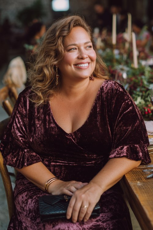 A plus-size woman over 50 wears a plum velvet-burnout midi with flutter sleeves and a gentle A-line, paired with black block-heel sandals and a satin clutch