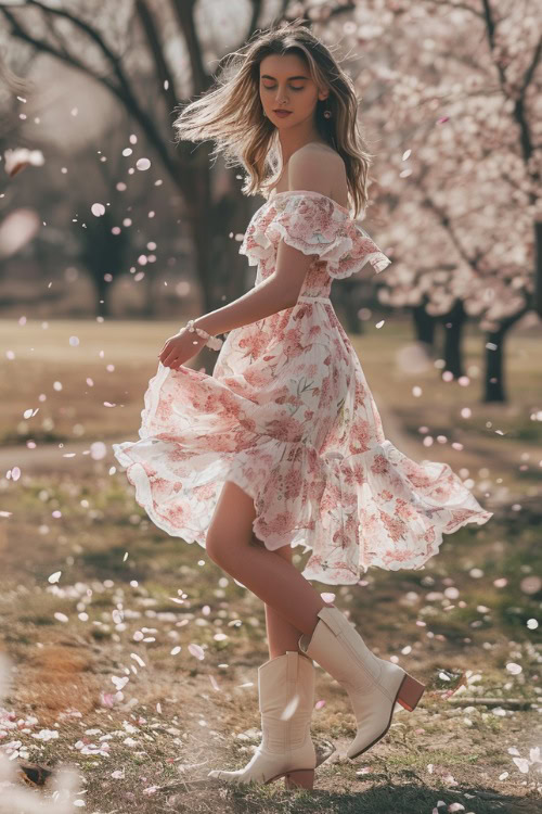 A woman wears white cowboy boots and a floral pink off-shoulder dress
