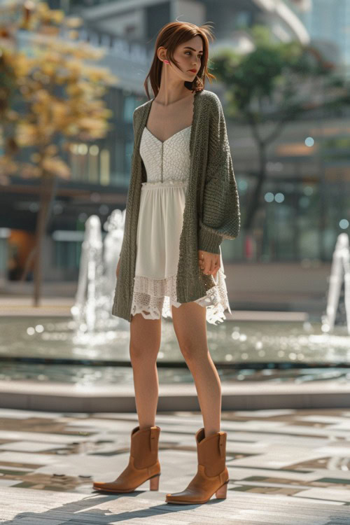 a woman wears a green cardigan, a floral dress with brown cowboy boots