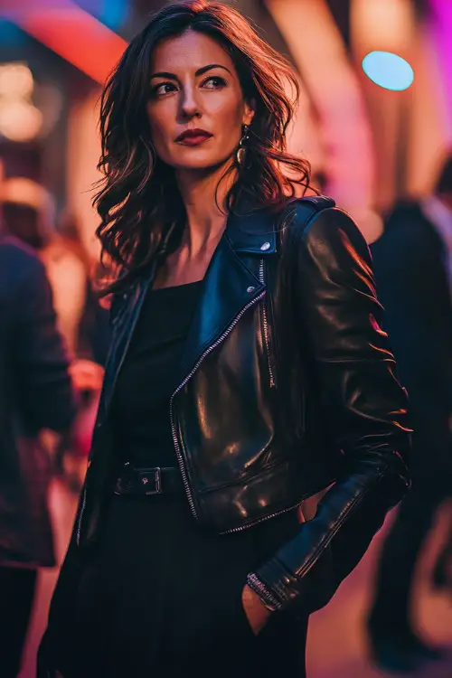 A confident woman over 40 in a tailored leather jacket over a stylish midi dress, accessorized with a chic crossbody bag and heeled boots at a concert
