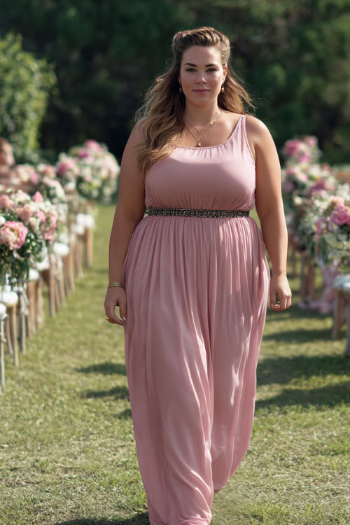 A plus-size woman in a blush pink sleeveless maxi dress with a cinched waist and minimal jewelry, walking on a grassy lawn decorated with wedding chairs and flowers