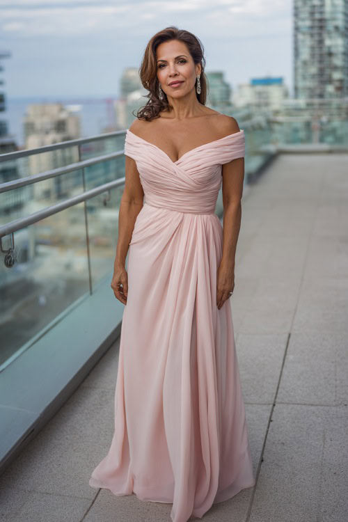 A woman over 50 in a blush pink off-shoulder gown with a flowing train and crystal earrings, standing on a modern rooftop event space with a city view