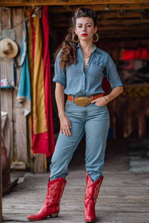 A woman in high-rise jeans with a tucked-in chambray shirt and red cowboy boots, accessorized with a belt and hoop earrings