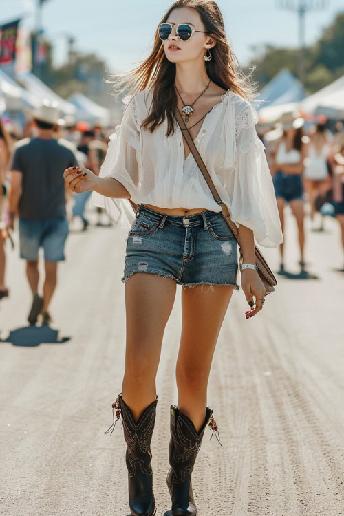 A woman wears cowboy boots with shorts and a blouse