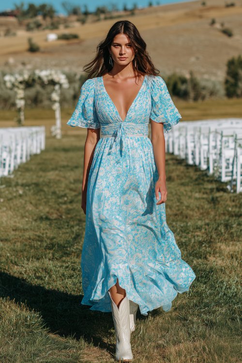 a woman in a sky blue floral boho maxi dress with flutter sleeves and a plunging neckline, styled with ivory cowboy boots