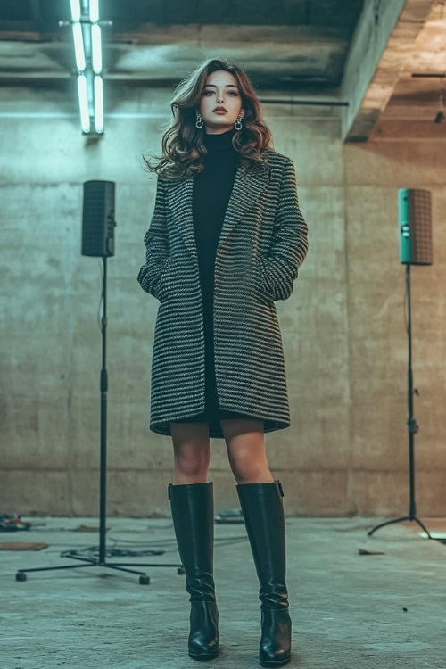 A stylish woman in a houndstooth coat, a high-neck knit dress, and ankle boots, accessorized with silver earrings