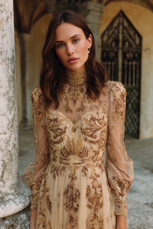 A woman in a luxurious champagne-toned gown with intricate brown and gold baroque embroidery, featuring sheer long sleeves, a high neck