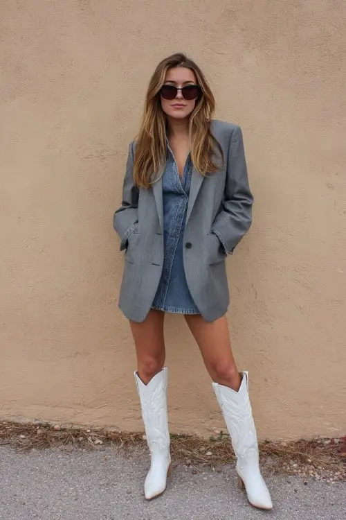 A woman wears tall white cowboy boots, a gray oversized blazer, a mini denim dress, and statement sunglasses