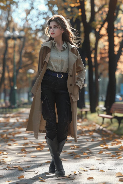 a woman wears a shirt, a trench coat, black cargo pants and black cowboy boots