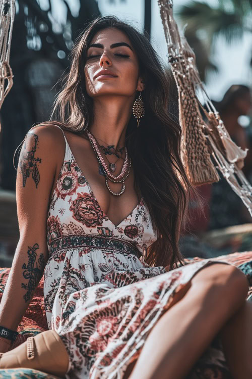 A relaxed festival-goer in a sleeveless printed maxi dress with a cinched waist, styled with tan slip-on sandals and a beaded necklace