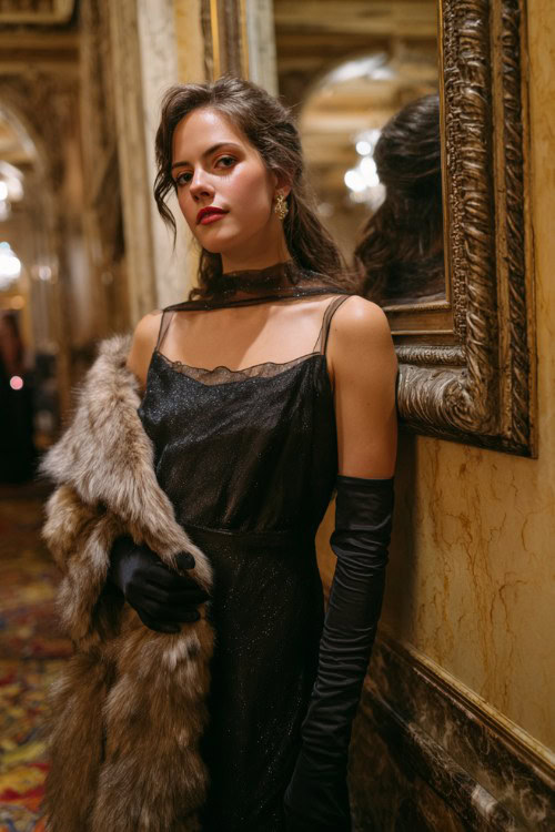 A woman wears a black floor-length gown with sheer sleeves and subtle shimmer, paired with long gloves and a faux fur stole