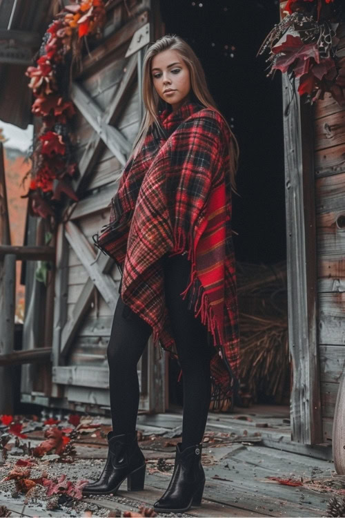 a woman wears black leggings, black cowboy boots and a plaid poncho