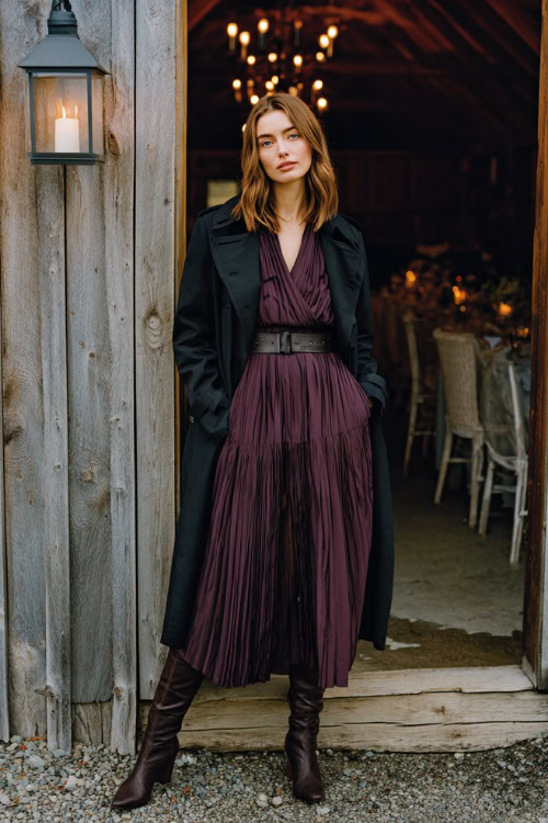 A woman wears a plum-colored pleated midi dress with a belted waist, layered with a tailored black trench coat and heeled boots