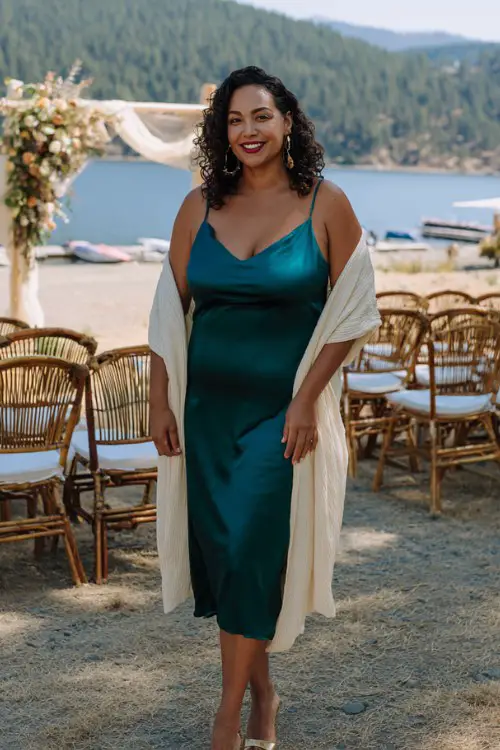 A curvy woman over 40 wears a forest-green satin slip dress paired with a cream shawl and gold block heels