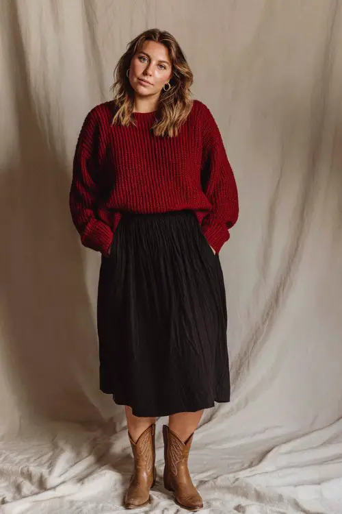 A curvy woman wears a slouchy red sweater tucked slightly into a black pleated midi skirt with brown western boots
